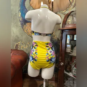 Vintage Retro High Waisted Bikini Set Floral Yellow Purple Rose Tropical Pinup L thumbnail 5