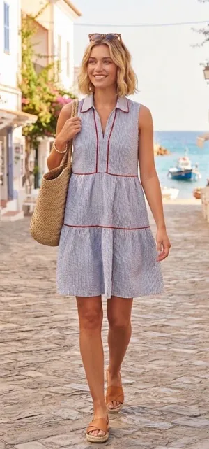 Magellan Outdoors Seersucker Tiered Dress Size L Americana Red Piping Striped thumbnail 1