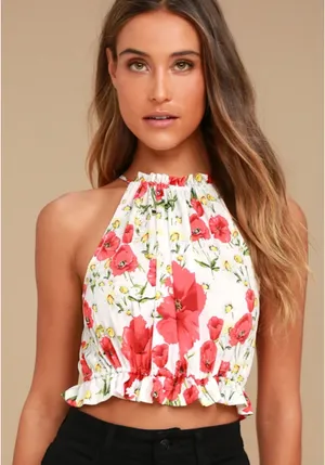 Lulus Nostalgia White and Red Floral Print Crop Top thumbnail 1