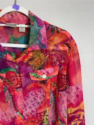 Chico's Multicolor Silk Cropped Button-Up Blouse Sz S thumbnail 2