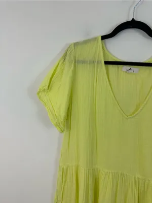 Ripcurl Lightweight Yellow V-Neck Gauzy Short Sleeve Tiered Mini Dress Size 2XL thumbnail 3