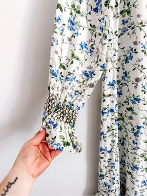 Zara White Blue Floral Smocked High Neck Maxi Dress Size S thumbnail 6