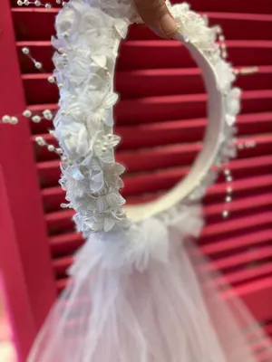 White Floral Bridal Crown Headband w/ Tiered Pearl Tulle Veil Wedding Accessory thumbnail 1