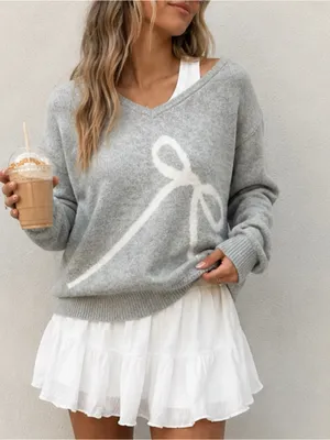 American Eagle Heather Grey Coquette Bow V-Neck Sweater Womens Size Large New thumbnail 2