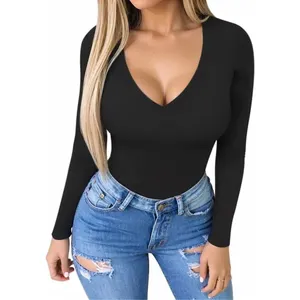 NEW MANGOPOP Deep V Neck Long Sleeve Top Bodysuit L thumbnail 1