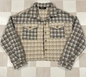 blue b collection houndstooth button up cropped colorblock tan grey shacket thumbnail 1
