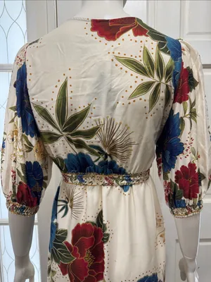 Farm Rio Floral Wrap Midi Dress in Cream with Blue & Red Blooms Size Small thumbnail 10