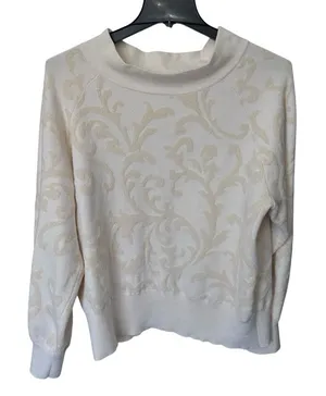 Anthropologie Nina Velvet‎ Sweater Ivory Scrolls Women's Size XL thumbnail 1