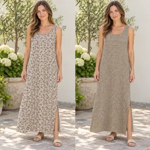Reversible Maxi Dress L XL Floral Polka Dots Sleeveless Side Slits Tan Gray Mult thumbnail 2