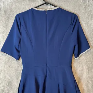 Kay Unger Navy Blue Fit & Flare Dress Elegant Draped Bodice Rhinestone Trim Sz 4 thumbnail 6
