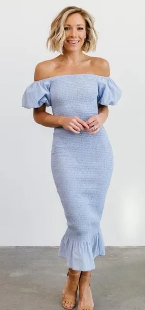 Baltic Born Alana Smocked Puff Sleeve Off the Shoulder Midi Light Blue Large thumbnail 1