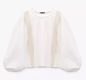 Zara Long Puff Sleeve Shirt with Beige Trim thumbnail 1