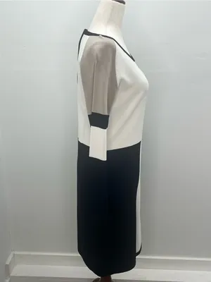 Calvin Klein Black White Taupe Long Sleeve Colorblock Knit Midi Dress Medium thumbnail 6