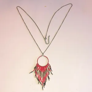 Beaded Boho Fringe Hoop Necklace - Red and Bronze thumbnail 4
