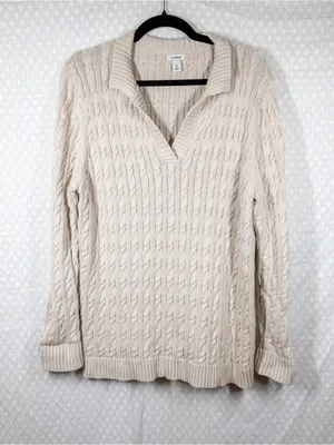 L.L. Bean Cream Cable Knit Collared Cotton Sweater Size XL thumbnail 1