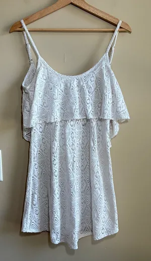 Roxy open back sheer white lacy minidress swimsuit coverup women's size medium thumbnail 1