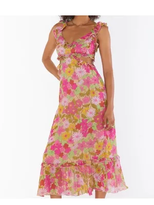 Show Me Your MuMu Pink, Yellow & Green Floral Ruffle Midi Dress thumbnail 10