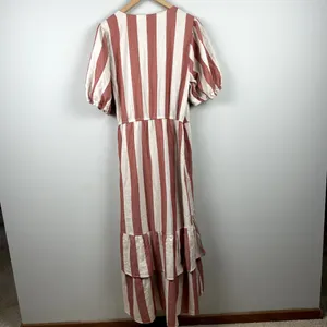Knox Rose Wrap Dress L Maxi V-Neck Striped Cream‎ Brick Tiered Short Puff Sleeve thumbnail 8