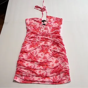 NWT Lulus Hot Off The Mesh Pink Floral Ruched Bodycon Halter Mini Dress LARGE‎ thumbnail 5