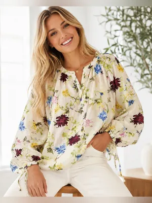 Zara Floral Long Sleeve Blouse Size L Boho Lightweight Top thumbnail 1