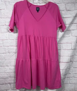 Gap Womens Pink Tiered Babydoll Dress Size Small Short Sleeve V-Neck thumbnail 1