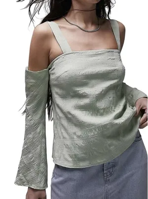 Topshop Textured Cold Shoulder Long‎ Sleeve Top Sage Green Women's 6 thumbnail 1