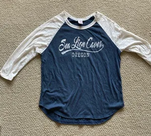Prairie Mountain NEW Sea Lion Caves Oregon Women’s Baseball T-Shirt Navy Blue Grey Small NWOT thumbnail 1