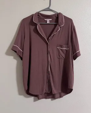 Victoria secret Short-Sleeve Button-Down Shirt - Dusty Mauve with White Piping thumbnail 1