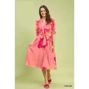 Umgee Floral‎ Flounce Sleeve Midi Dress with Belted - Pink Mix - Large thumbnail 2