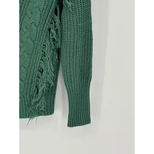Alison Andrews Sage Green Fringe Cable Knit Sweater Medium Boho Chunky Pullover thumbnail 5