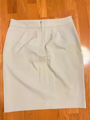 Express Women's Beige Pencil Skirt with Gold and Black Belt Detail, Size 8 thumbnail 2