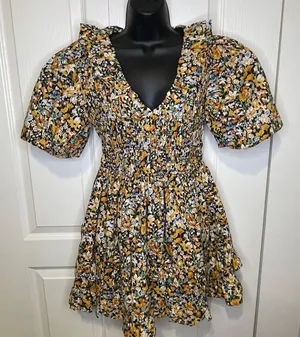 NWT Plunge Smocked Cotton Floral Mini Dress Yellow Black Blue XS thumbnail 2