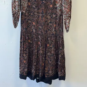 Warm NY Mixed Print Silk Viscose Midi Dress Brown Floral Stripe Size 0 Boho Fall thumbnail 4