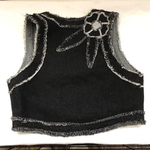 RARE Y2K Gothic Grunge Punk Rock Black Grey Sleeveless Denim Jean Vest Jacket Shirt Top Frayed Distressed Hem V-Neck Fitted Cropped 100% Cotton Size L thumbnail 7