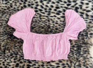 Light Pink and White Striped Puff Sleeve Crop Top thumbnail 1