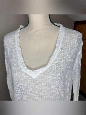 Free People We The Free Ocean Air Hacci Pullover Top Ivory Extra Small XS V-Neck thumbnail 4
