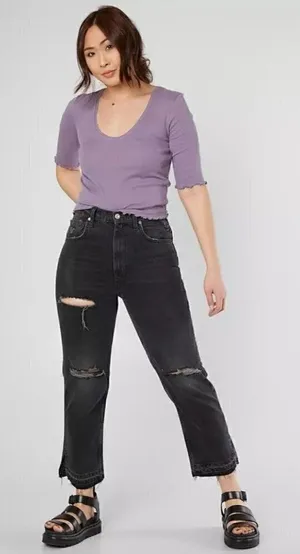 Free People Lita Black Distressed Straight Leg Jeans 26‎ thumbnail 1