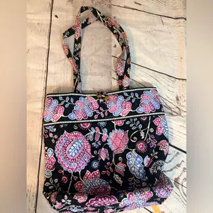 Vera Bradley Vera Tote in a black floral pattern. thumbnail 2