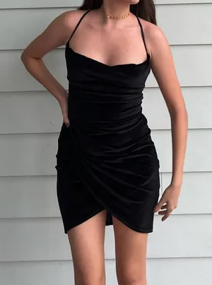 Black Velvet Tulip Open Back Tie Up Dress thumbnail 1