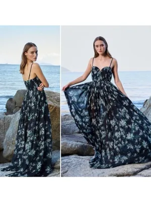 Sau Lee Georgina Gown 14 Floral Black Maxi Chiffon Pleated Aline Bodice thumbnail 4