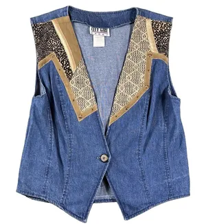 VTG Denim Animal Print Retro Womens Vest Patchwork 12 Large 80's Hippie Festival thumbnail 1