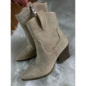 Sparkly western boots with little shiny diamonds, off-white/tan color small size thumbnail 3