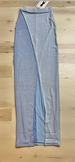 Naked Wardrobe NWT Women Small Powder Blue Glitter Two-Tone Maxi Skirt thumbnail 1