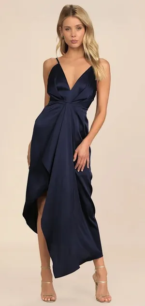 NWOT Lulus Caught Feelings Navy Blue Satin Ruffled Midi Dress Wedding Prom S thumbnail 1