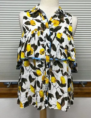 Entro NWT Off White Lemon Print Button Down Open Shoulder Ruffle Top thumbnail 1