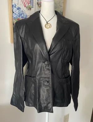 Wilsons Leather 90s Y2K Pelle Studio Black Sleek Blazer Jacket Large thumbnail 1