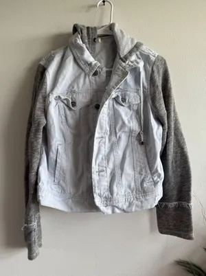Free People Mixed Media Denim Jacket Light Wash Distressed Knit Hooded Grey M thumbnail 1