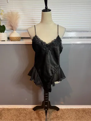 Black Satin Lace-Trim Camisole Slip with Sheer Ruffle Hem thumbnail 2