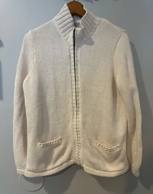 L.L. Bean‎ Womens Zip Up Cardigan Sweater Knit Large White Cotton thumbnail 1
