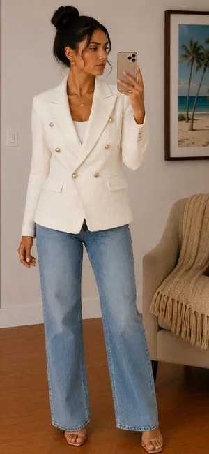 NWOT SHEIN Cream Bouclé Double-Breasted Blazer | Gold Buttons | Size S thumbnail 2